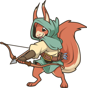 Tapferes Eichh&ouml;rnchen als Waldl&auml;ufer mit Bogen &ndash; fantasievolle Figur im Abenteurer-Stil.
