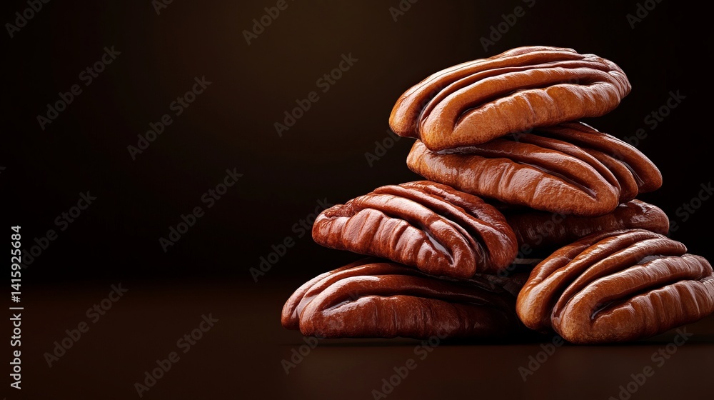 Poster pecans are stacked unevenly against a dark background, showcasing their smooth texture and rich brow