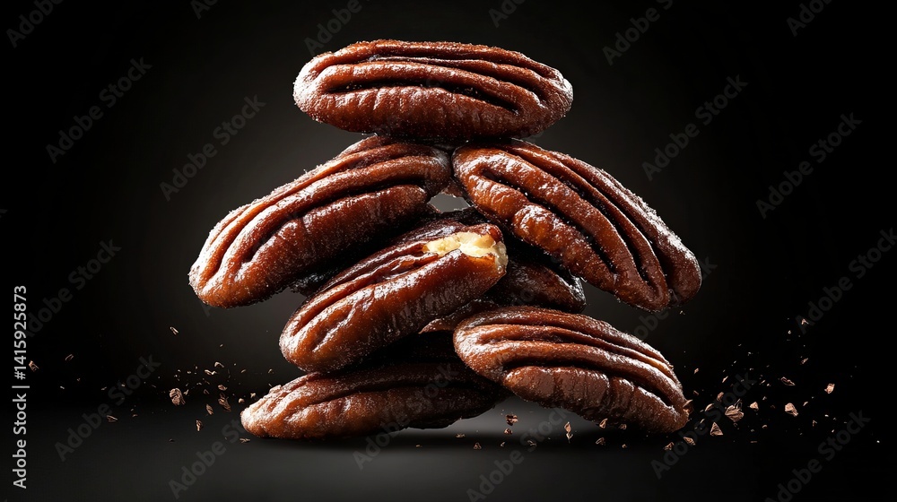 Poster pecans are stacked in a small pile against a dark background with visible pieces of broken nuts arou