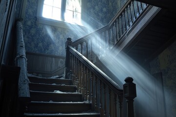 Sunbeams illuminate a decaying wooden staircase in an abandoned building, dust motes dancing in the light.