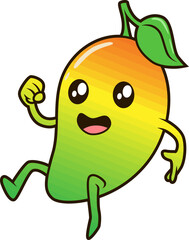 Springende Mango mit fröhlichem Gesicht und leuchtenden Farben, voller Energie.
