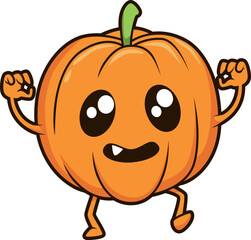 Lustiger Kürbis mit Zähnchen und erhobenen Armen, bereit für Halloween.

