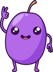 Lila Traube mit großen Augen und fröhlichem Ausdruck, hebt Hand zum Zeichen.
