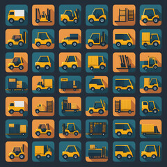 Collection of Yellow Delivery Trucks Forklifts and Cargo Vehicles Icons Set for Logistics and Transportation Industry