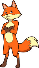 Nachdenklicher Fuchs mit verschränkten Armen, ernster Gesichtsausdruck, stehende Pose.
