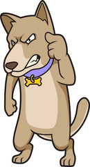 Entschlossener Hund mit Pfote an der Stirn, ernster Blick, Comic-Charakter.
