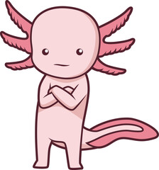 Lustiger Axolotl mit verschränkten Armen in aufrechter Pose, Cartoon-Stil, rosa Farben, niedlicher Ausdruck.
