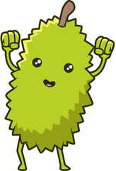 Glückliche Durian mit stacheliger Schale und strahlendem Gesichtsausdruck, Comic-Stil.
