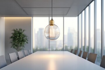 A modern office conference room with a stylish pendant light, minimalist design, and large windows offering a city view.