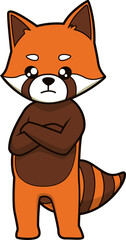 Roter Panda mit verschränkten Armen und ernstem Blick im niedlichen Comic-Stil.
