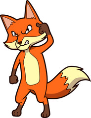 Listiger Fuchs mit Hand an der Stirn, wacher Blick, cartoonhafte Darstellung.
