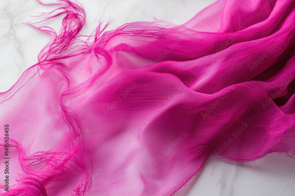 Poster draped fuchsia silk fabric with delicate frayed edges, creating a luxurious and elegant texture.