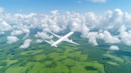 Passenger jet soaring above lush green fields and fluffy white clouds
