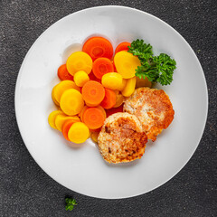 appetizer, background, boiled carrot, carrot rings, carrot slices, carrots, ceramic plate, clean background, closeup, colorful plate, cook, cooked carrots, cooking, cuisine, cutlets, flat lay, food ph