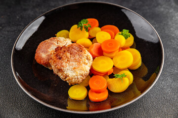 appetizer, background, boiled carrot, carrot rings, carrot slices, carrots, ceramic plate, clean background, closeup, colorful plate, cook, cooked carrots, cooking, cuisine, cutlets, flat lay, food ph