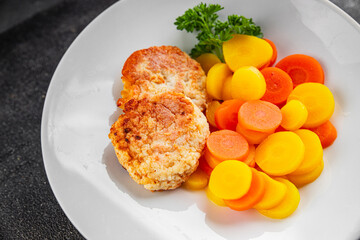 appetizer, background, boiled carrot, carrot rings, carrot slices, carrots, ceramic plate, clean background, closeup, colorful plate, cook, cooked carrots, cooking, cuisine, cutlets, flat lay, food ph