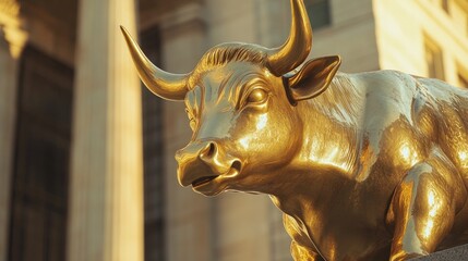 A golden bull statue in a financial district, symbolizing a booming stock market --ar 16:9 --v 6.1 Job ID: 7da8693f-baa6-4694-b856-bb97fddf1ce5