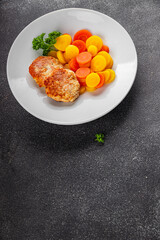 appetizer, background, boiled carrot, carrot rings, carrot slices, carrots, ceramic plate, clean background, closeup, colorful plate, cook, cooked carrots, cooking, cuisine, cutlets, flat lay, food ph