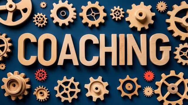 Coaching alphabet characters with gear elements in the backdrop