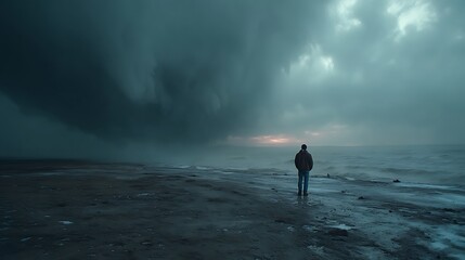 A lone figure stands at the edge of the shore, facing turbulent water under a sky filled with heavy, dark clouds.