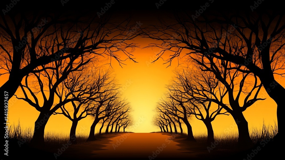 Poster silhouette trees line a path during a golden sunset creating a symmetrical composition in the landsc