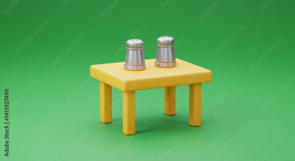 Poster two metallic salt shakers standing on a small yellow table against a green background in a 3d render