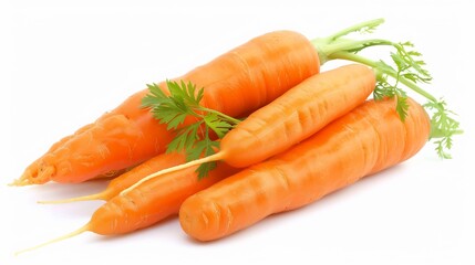 Carrots green tops neatly arranged showcasing bright orange color and natural shape on a white backdrop