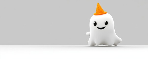 A cute ghost, adorned with a hat shaped like an orange construction cone, is positioned on a gradient orange background
