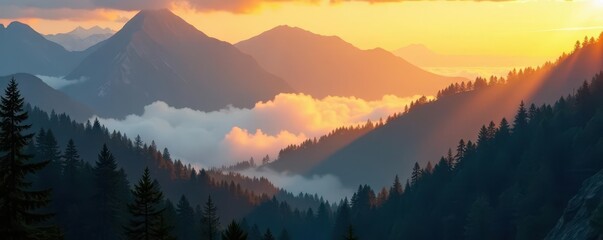 Obraz premium Golden light filters through fog, illuminating coniferous forest peaks , wood, Romanian mountains, coniferous forest