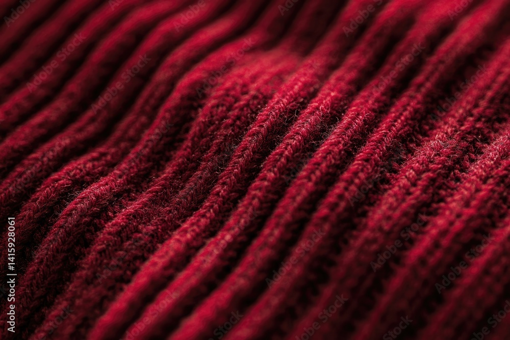 Poster Close-up of textured, deep red knitted fabric showing intricate weave and soft fibers.