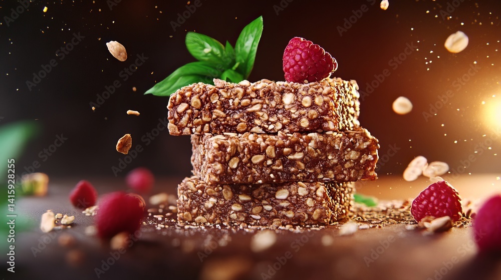Poster stack of granola bars features fresh raspberries and basil leaves against a dark background with flo