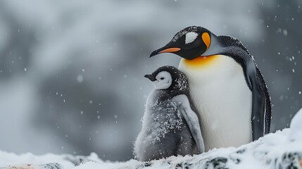 Obraz premium Penguin Parent Holding Chick Close In Snowy Storm, Deep Emotional Contrast 
