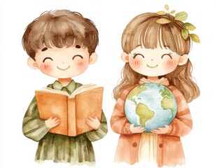 A watercolor illustration titled 'Children Embrace the Earth' showcases children's role in environmental care
