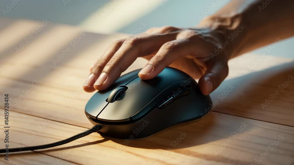 Aufkleber close-up of a wired computer mouse grasped in hand, set against a plain background.