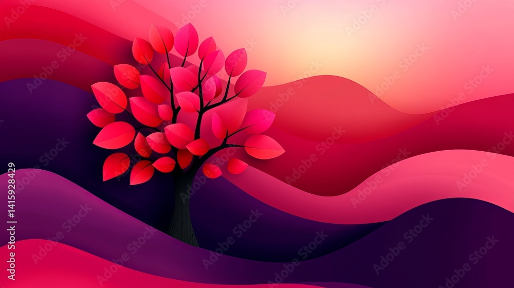 Poster stylized tree stands with its red leaves amidst layered undulating abstract landscape background wit