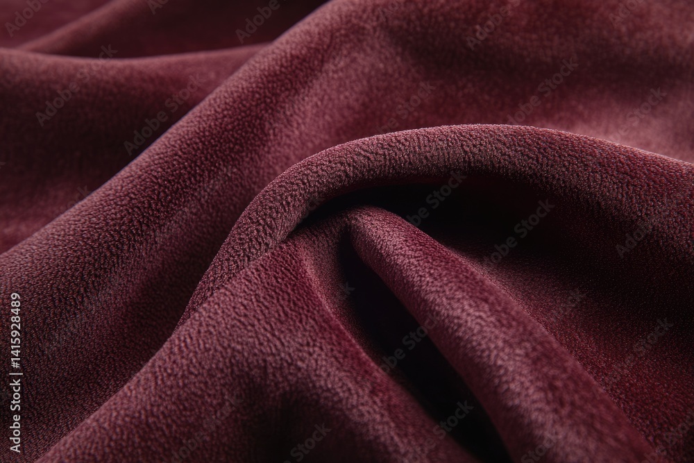 Poster close-up view of rich, dark red fabric with a subtle textured surface, showcasing its luxurious drap