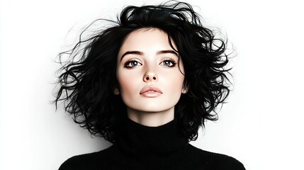 Naklejka premium A woman's face appears closely as she wears a black turtleneck and her hair dances in the wind