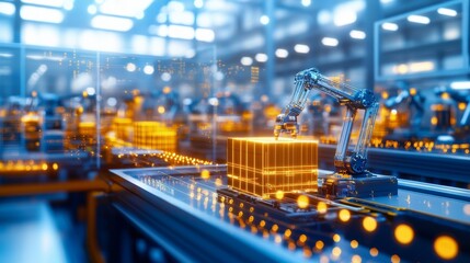 Fototapeta premium Advanced robotic arm handling glowing package in modern automated warehouse setting with bright industrial background