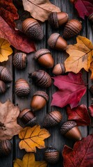 Fresh Collected Acorns with Detailed Texture and Colorful Fall Leaves on Dark Wooden Background, Autumn Nature Flat Lay