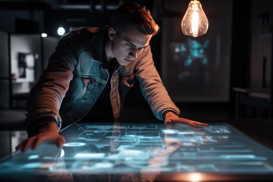 A young man intently interacts with a futuristic, transparent digital interface, seemingly immersed in complex data visualization.