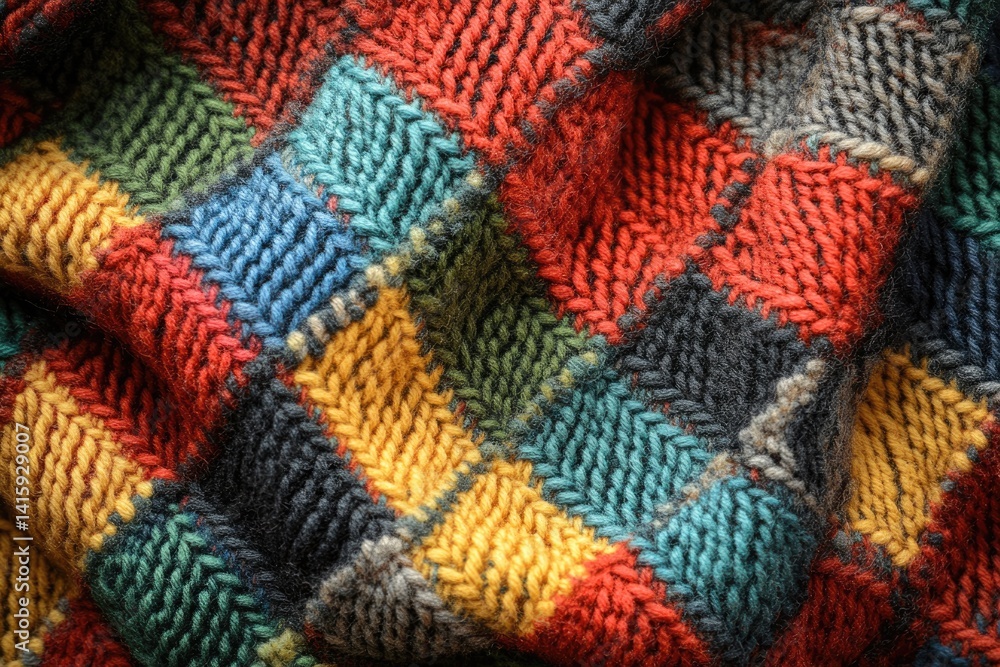Poster close-up of a multicolored knitted fabric with a textured pattern.