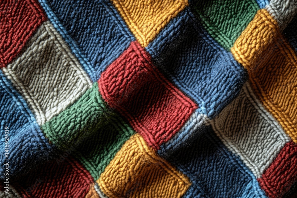 Poster close-up view of multicolored knitted fabric with textured yarn creating a geometric pattern.