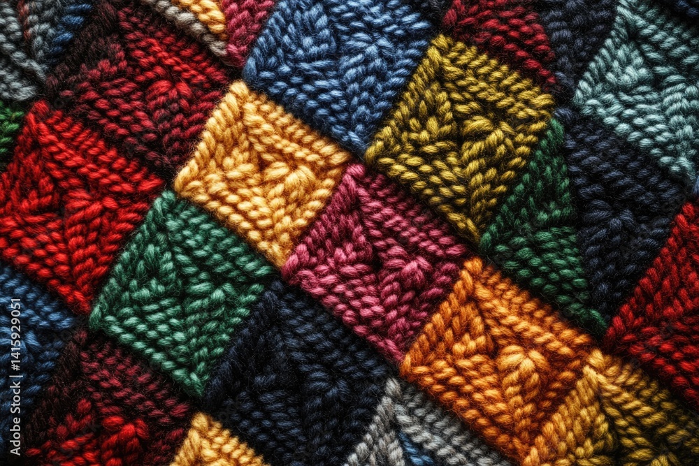 Poster close-up of a multicolored knitted fabric with diamond patterned sections, showcasing various yarn t
