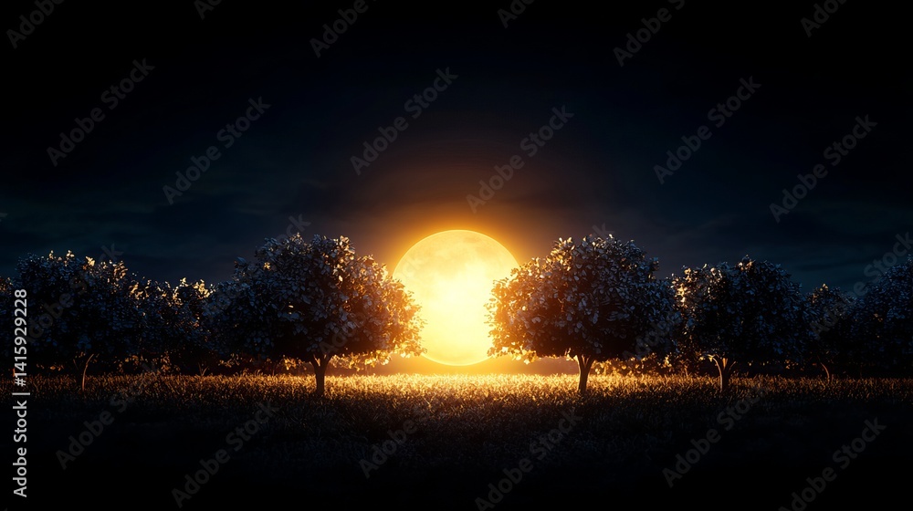 Aufkleber trees stand in a field under a large moon, creating a serene and illuminated nighttime scene.