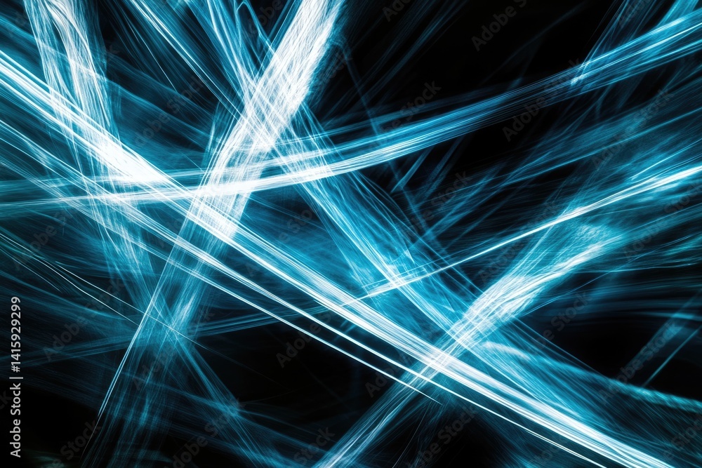 Poster abstract art featuring vibrant teal and white light trails intersecting against a transparent backgr
