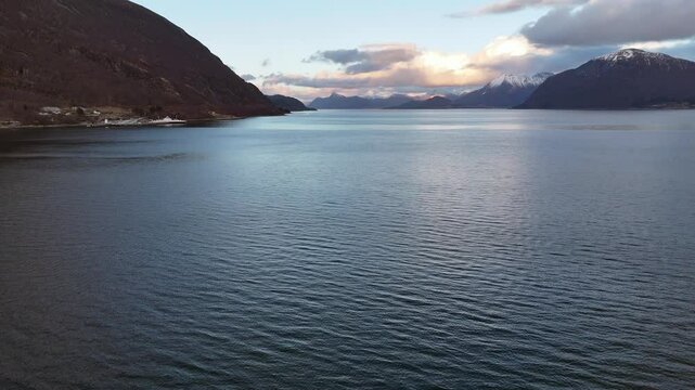 Aerial view of Sulafjorden stretching between the islands of Hareid and Sula near Aalesund, Norway