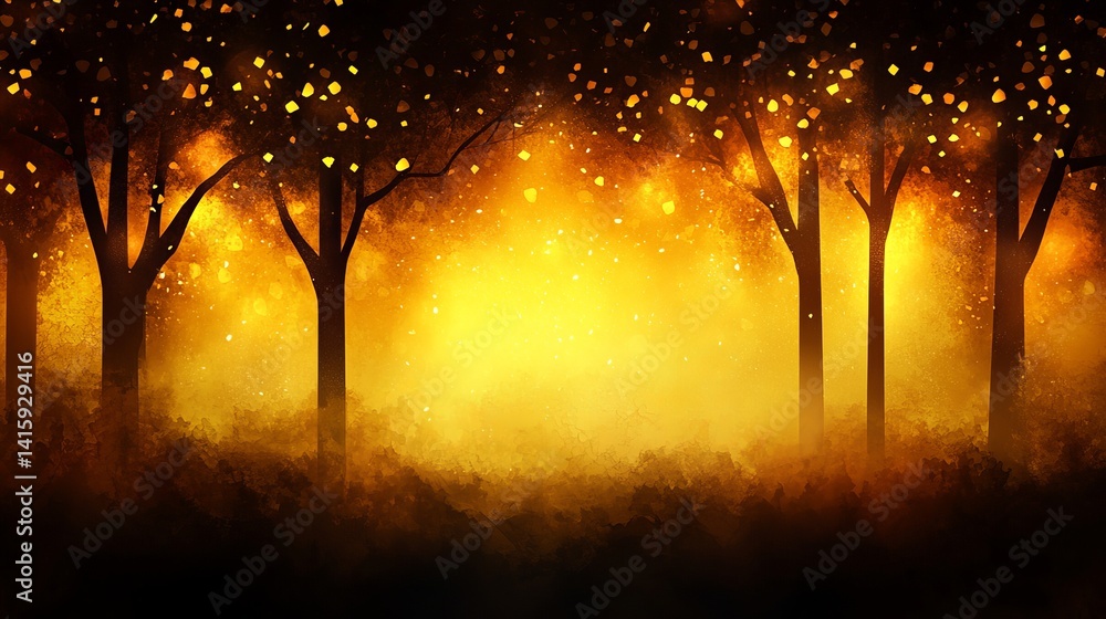 Poster trees stand silhouetted in a digitally illustrated pecan orchard with a golden glow emanating from t