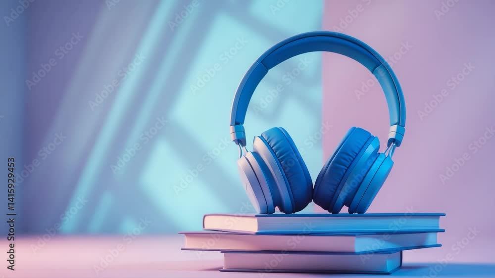 Poster stack of books with headphones set against a background that includes blank space for text.