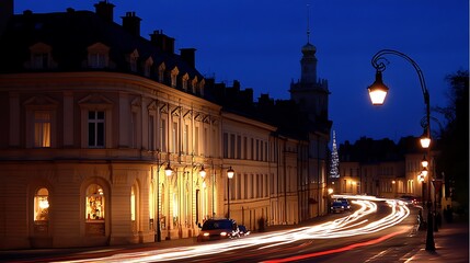 Fototapeta premium Night street scene, curving road, historic buildings