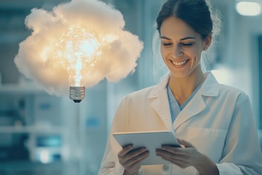 A female doctor in a lab coat uses a tablet, illuminated by a glowing cloud-shaped lightbulb symbolizing innovation and bright ideas.